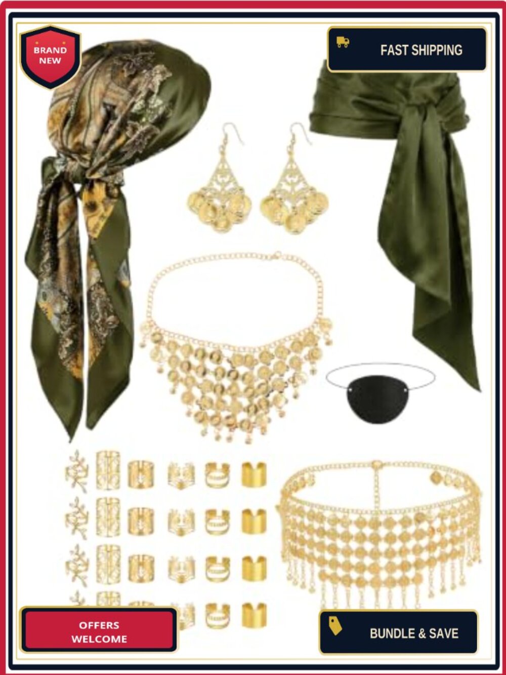 7PC Pirate Costume Accessory Set Paisley Scarf Sash Belt Women Halloween